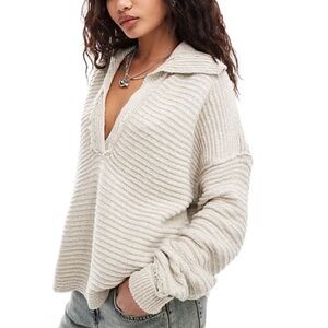 Free People Beige Pebble Marlie Knit Pullover V Neck Oversized Sweater